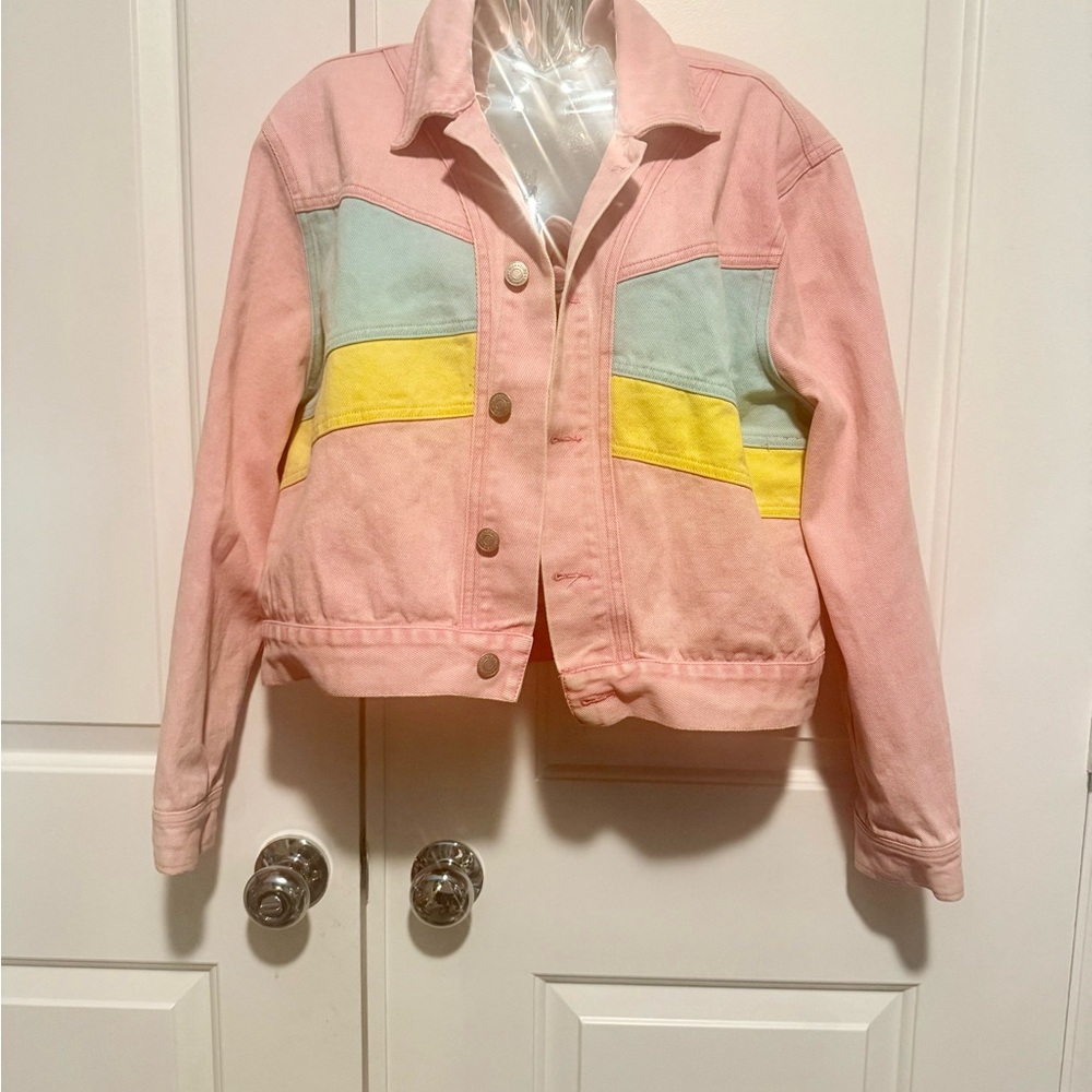 The Impeccable Pig Pink Jean Jacket with Colorful Accents size large - Picture 2 of 6